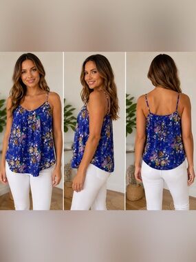 Hollister I Love H81 Blue Floral Flowy Cami Tank Top Blouse Size Large